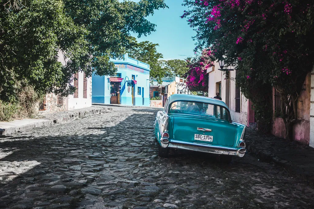 Colonia Sacramento Uruguay classic car on cobbled street of old town