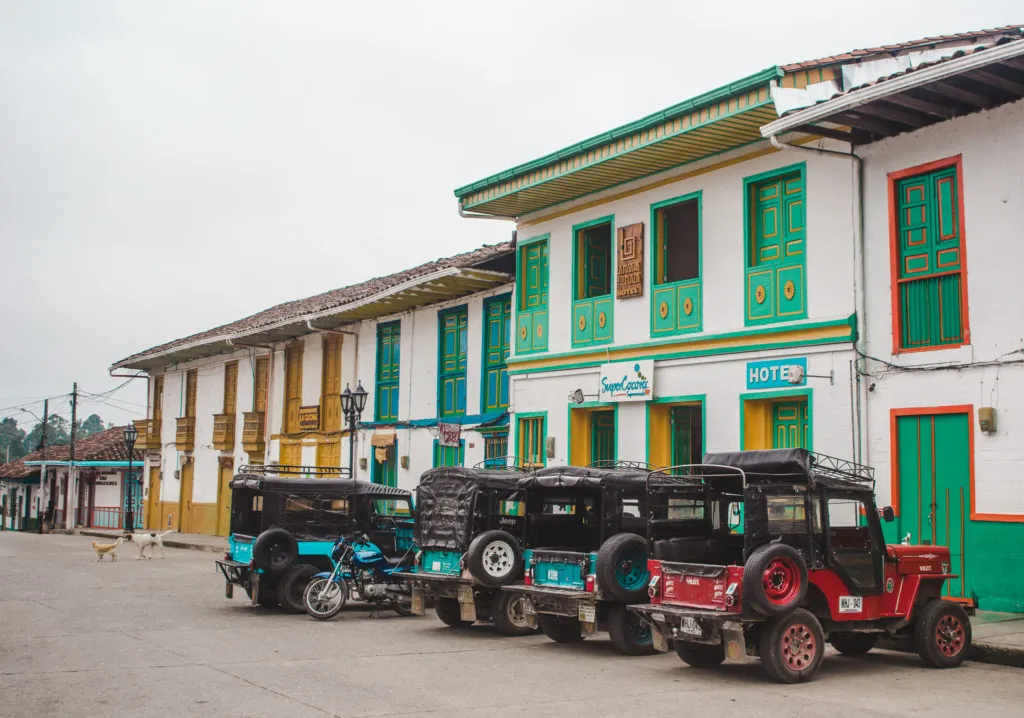 Willy jeep taxi in Salento Colombia | main plaza Salento | Travel guide by cuppa to copa travels
