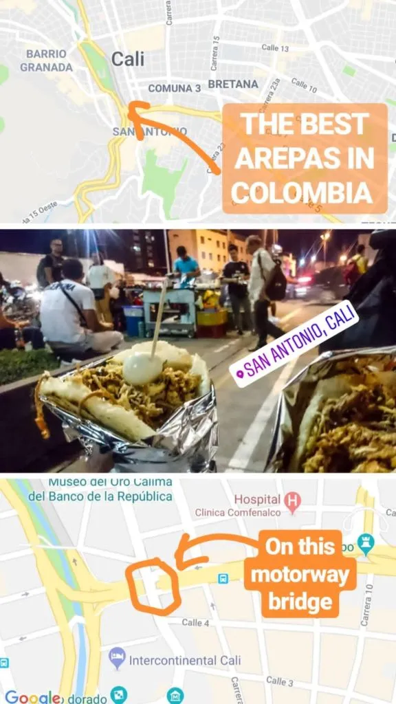 Best arepas in Cali motorway highway bridge Old Town San Antonio street stall where to eat Cali Colombia