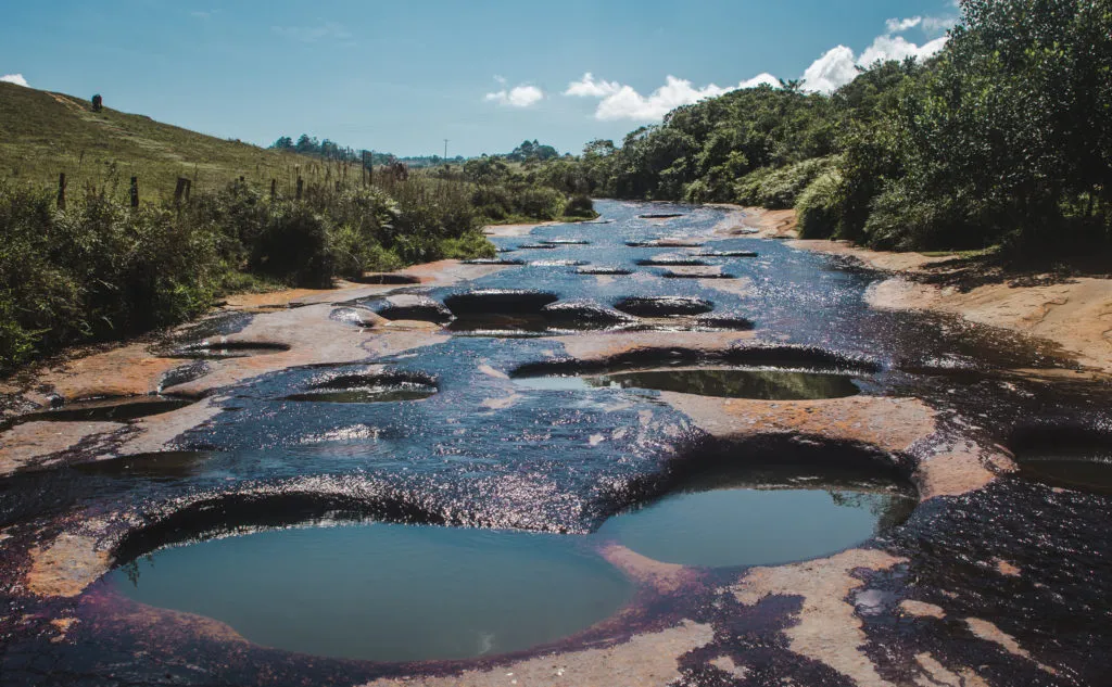 Quebrada Las Gachas Guadalupe, Santander, Colombia natural plunge pools | Algae coloured holes in river - natural jacuzzi pools 