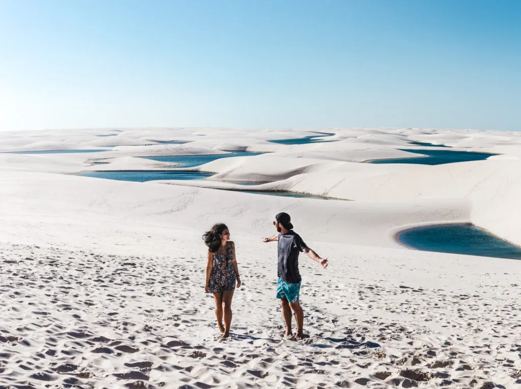 travel couple in Busy season July Lencois Maranhenses Sao Luis Barreirinhas Atins best sand dunes in Brazil Northeast