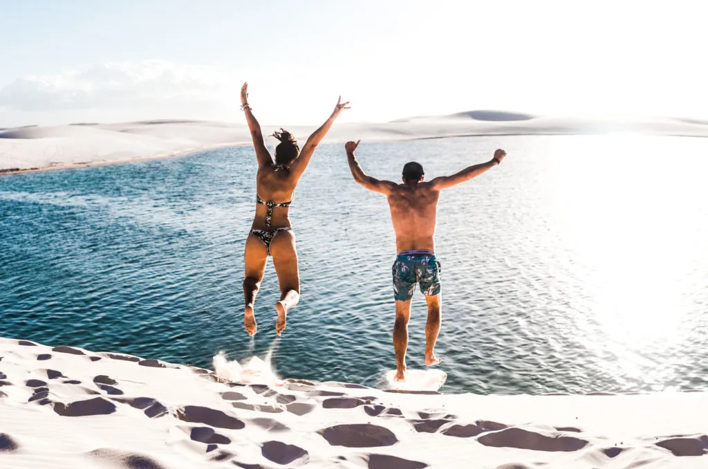 travel couple in Busy season July Lencois Maranhenses Sao Luis Barreirinhas Atins best sand dunes in Brazil Northeast