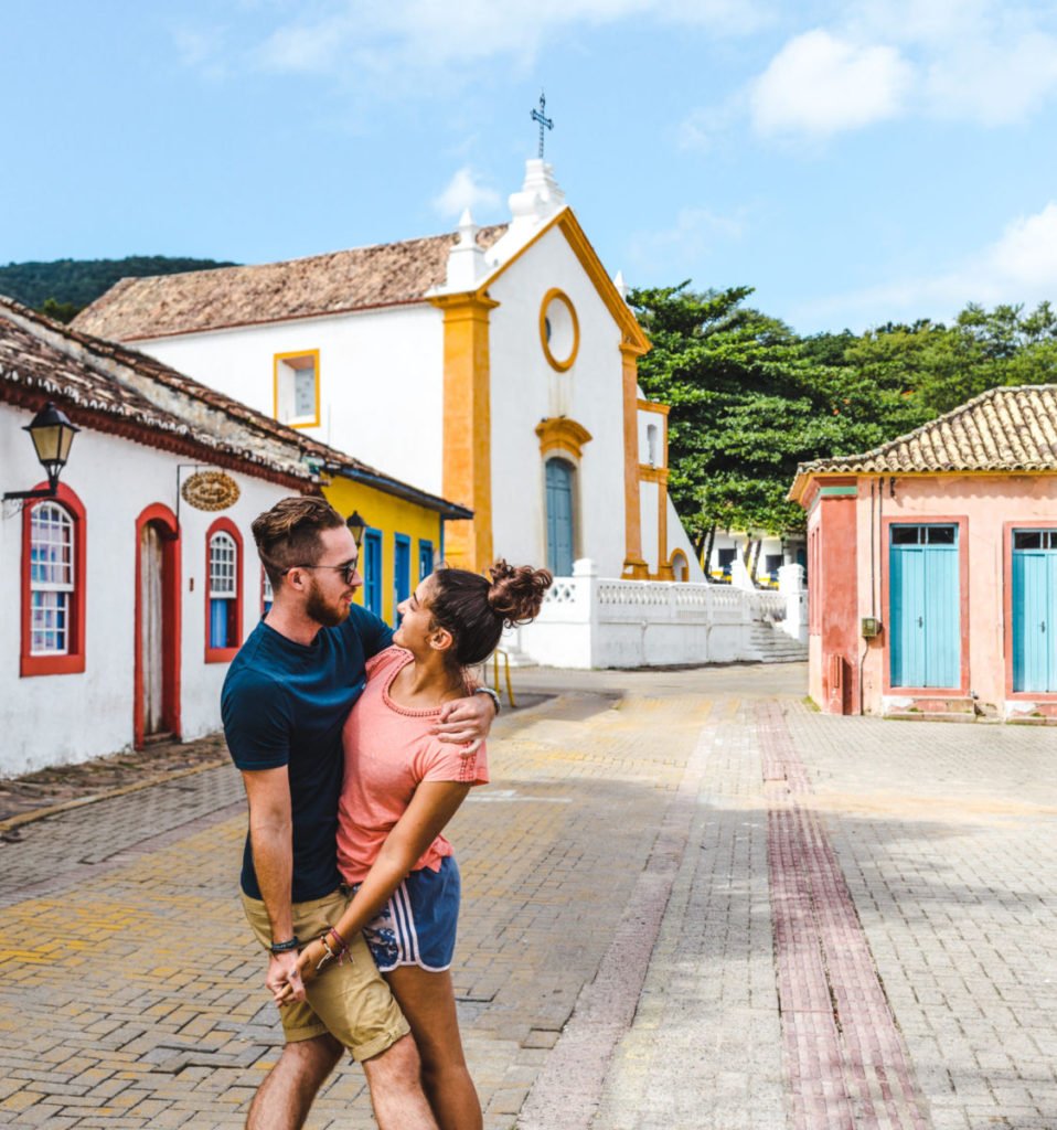 Travel couple at Santo Antonio de Lisboa Floripa church