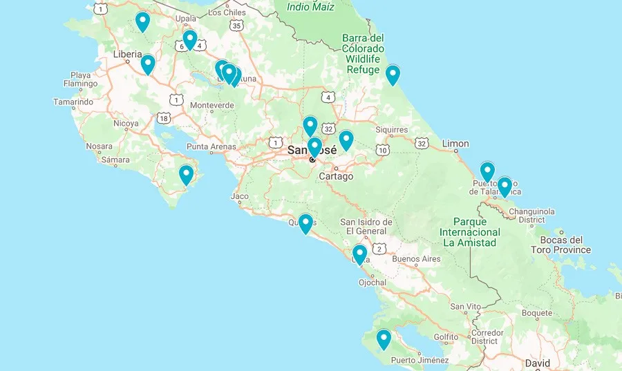 map of famous landmarks in costa rica