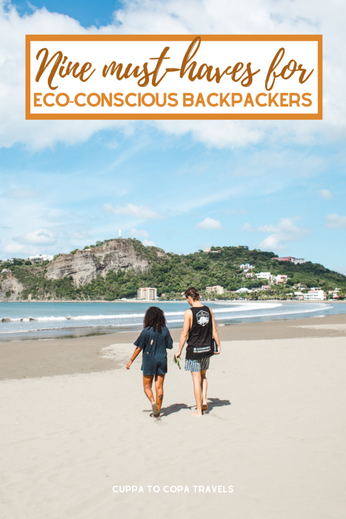 pin, text reads ' nine must haves for eco-conscious backpackers'