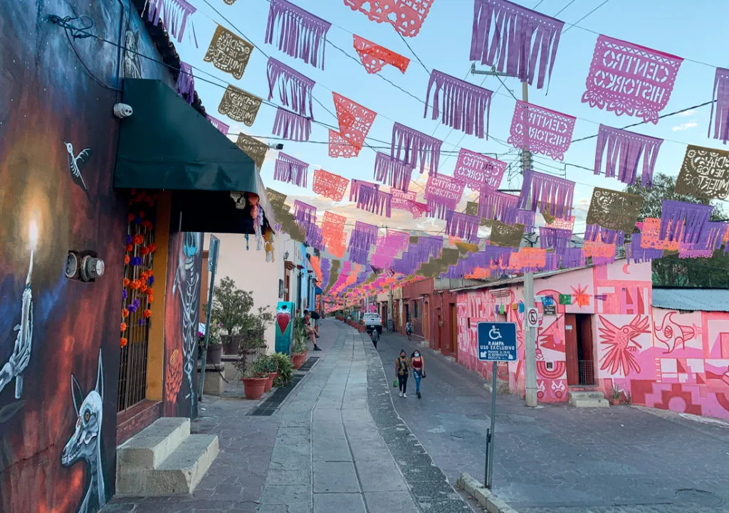 bunting dia de los muertos cobbled street in oaxaca - things to do in oaxaca mexico